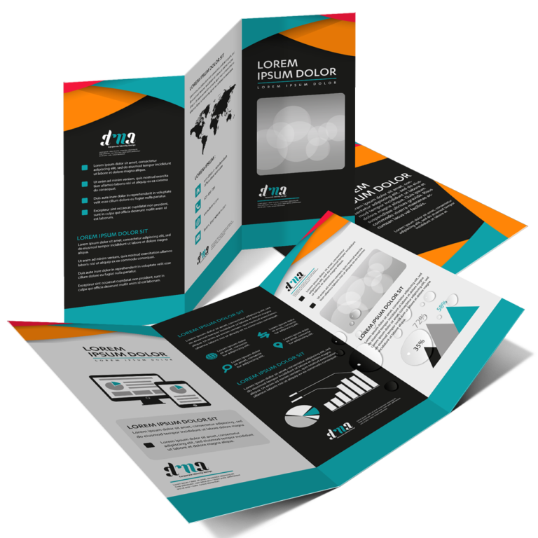 Tri-fold brochure design showcasing vibrant graphics and informational sections, featuring text placeholders and icons relevant to business services, emphasizing printing solutions and promotional materials.