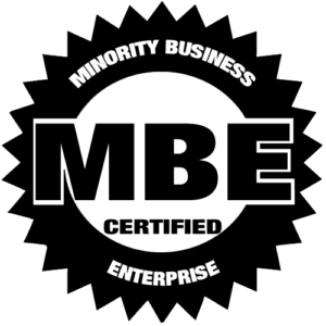 MBE logo featuring "Minority Business Certified Enterprise" in bold letters, relevant to signs, banners, and promotional products.