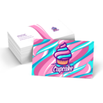 Colorful cupcake-themed business cards with logo and vibrant design, showcasing printing services offered by Design One Printing in Las Vegas.