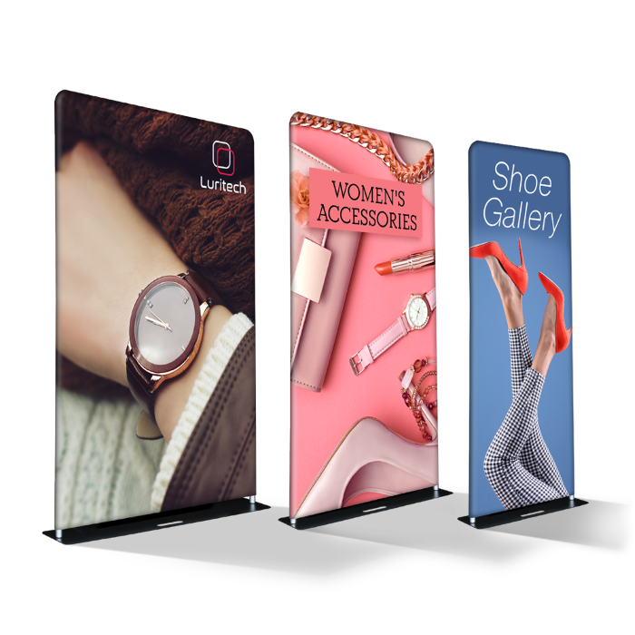 Fabric pop-up displays featuring women's accessories and shoe gallery designs, showcasing promotional graphics for convention events.