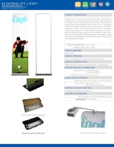 24x138 EZextend product specification sheet featuring a golfer, product dimensions, materials, display information, and packaging details.