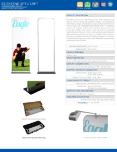 24x90 EZextend product specification sheet featuring dimensions, usage details, and images of the retractable banner stand and its components, relevant for large-format printing services by Design One Printing.