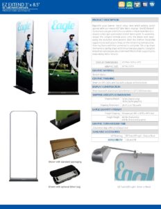 EZ Extend retractable banner specifications, featuring a golfer image, product details, and assembly instructions.