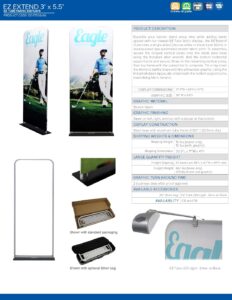 36x66 EZ Extend retractable banner specifications with images of the banner setup and components, featuring a golfer and the word "Eagle."