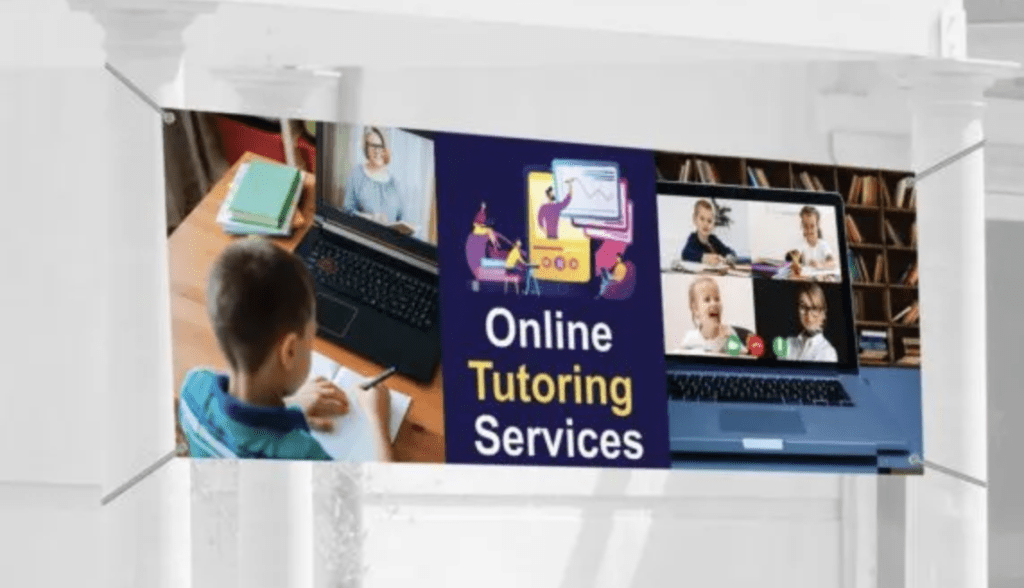 Child studying at a desk with online tutoring services banner featuring multiple video call screens of students and a tutor, emphasizing educational support and engagement.