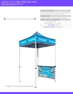 Casita 5 ft. steel tent rail with blue canopy displaying "CYCLE" branding and specifications for the CASTL RAIL5 product.