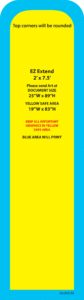 EZ Extend 2x7.5 banner design featuring bright yellow background with blue accents, displaying product specifications and dimensions for printing services by Design One Printing.