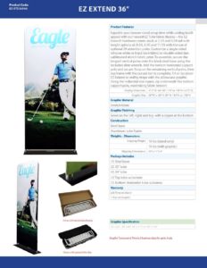 EZ Extend 36-inch spec sheet featuring a golfer, product features, packaging details, and specifications for Design One Printing services.