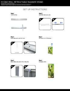 Econoroll retractable banner stand setup instructions with illustrated steps for assembly and usage.