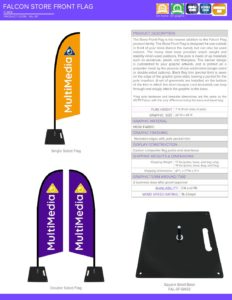 Falcon Store Front flag design featuring single and double-sided flags with "MultiMedia" branding, alongside a base for stability, showcasing product specifications relevant to printing services.