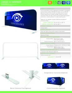 Large EZ Tube Barrier product specification sheet featuring design elements, dimensions, and connection options, relevant to Design One Printing's offerings.