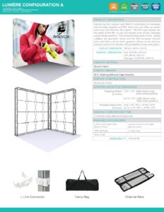 Lumiere Configuration A display setup with a model showcasing a vibrant backdrop, featuring structural elements like connectors and a carry bag, relevant to non-backlit Lumiere display options offered by Design One Printing.