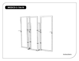 MODCO-3 10x10 product assembly instructions with illustration of three interconnected panels and door mechanisms.