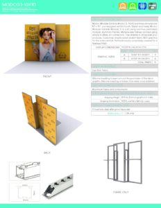 MODCO3-10&times;10 product specifications featuring a three-panel display with a person and yellow background, showcasing printing options from Design One Printing.