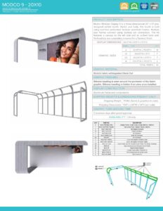 MODCO 9 20x10 display featuring a modular frame, image panel, and detailed specifications for trade show or promotional use.