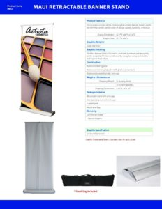 Maui retractable banner stand specifications, featuring product details, dimensions, and design options for printing services by Design One Printing.