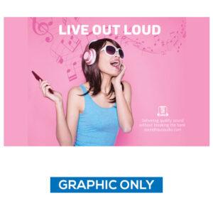 10 ft Fabric Pop-Up Display featuring a vibrant pink background with the phrase "LIVE OUT LOUD," depicting a woman in sunglasses and headphones, promoting Design One Printing's fabric display products for events and marketing.
