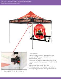 Instructions for setting up a 10-foot tent backwall, featuring a labeled diagram illustrating attachment points and components, relevant for users of the One Choice Tent Backwall by Design One Printing.