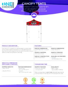 OneChoice 5ft Classic Dye Sub canopy tent specification sheet featuring product description, features, and dimensions for printing services by Design One Printing.