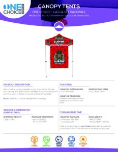 OneChoice 5ft Dye Sub Backwall specification sheet featuring product description, graphic printing details, and dimensions for printing services by Design One Printing.