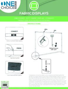 One Choice 10ft Fabric Display setup instructions, featuring connection steps, press mechanism, and LED light placement, designed for easy assembly at events.
