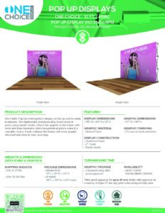 One Choice 10ft Pop Up Display specification sheet featuring front and angle views, highlighting product dimensions and features, designed for promotional events and conventions.
