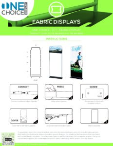 One Choice 3FT Fabric Display assembly instructions with diagrams, showcasing connection, press, and screw steps for setup, relevant to Design One Printing's fabric display offerings.
