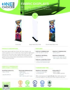 One Choice 3FT Fabric Display specification sheet showcasing product dimensions, material details, and visual examples of the display in use, relevant to Design One Printing's offerings.