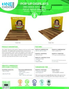 One Choice 8ft Pop Up Display End Caps specification sheet featuring product description, features, and dimensions, designed for commercial printing and conventions.