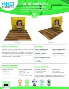 One Choice 8ft Pop Up Display specification sheet with front and angled views, highlighting product features and dimensions for event use.