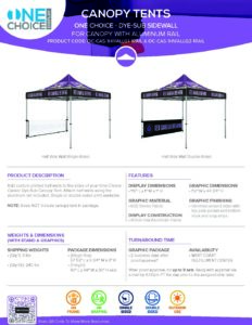 One Choice Halfwall Sidewall Aluminum Frame specification sheet for canopy tents, featuring product details, dimensions, materials, and uses.