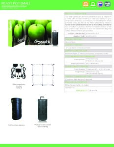 Ready Pop Small display featuring vibrant green apple graphics, support structure, and carrying case, showcasing Design One Printing's promotional products and display solutions.