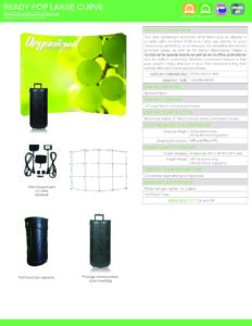 Ready Pop Large Curve display with green grape background, featuring portable stand, carrying case, and accessories for trade shows and events.