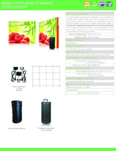 Ready Pop Large Straight display with vibrant raspberry images, carrying case, and assembly components, showcasing promotional products for events and conventions.