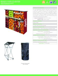 RPCUNTR specification sheet featuring a vibrant pop-up counter design with fruit imagery, collapsible frame, and carrying bag, relevant to Design One Printing's promotional products and convention displays.