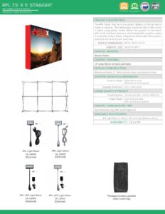 RPL 7.5' x 5' straight fabric display stand with LED lights, showcasing promotional graphics for events and conventions, designed for easy setup and transport.