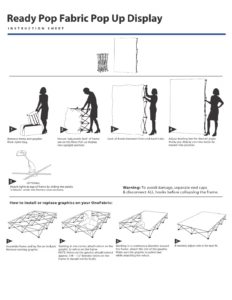 Ready Pop Fabric Pop Up Display instruction sheet with diagrams illustrating setup steps, including frame assembly and graphic installation, emphasizing ease of use for event displays.