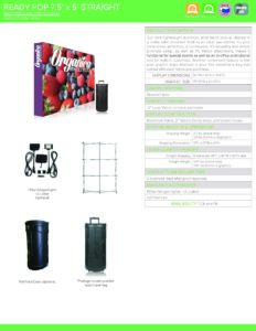 Readypop 7.5x5 straight fabric display with vibrant fruit graphics, including components like a collapsible frame, carrying case, and lighting options, highlighting promotional products for events and conventions.