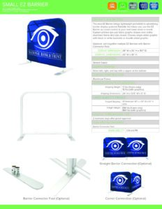 Small EZ Tube Barrier specification sheet featuring dimensions, materials, and optional features, including straight and corner connections, designed for promotional displays and events.