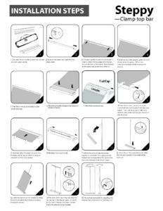 Installation steps for Steppy clamp top bar with illustrated instructions and numbered visuals.