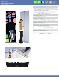 Steppy Specsheet showcasing a woman with a retractable banner stand, featuring specifications and accessories, relevant to Design One Printing's product offerings.