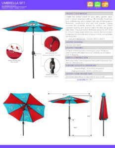 Umbrella specification sheet featuring a 9-foot umbrella with red and turquoise panels, detailed dimensions, and features for printing services.