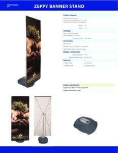Zeppy banner stand product specifications sheet featuring images of the stand in use, dimensions, materials, and features, relevant to Design One Printing's offerings.