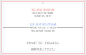 Diagram illustrating printing guidelines with red cut line and blue safety line, specifying finished size of 2.125x3.375 inches and bleed dimensions of 2.25x3.5 inches, relevant to Design One Printing services.