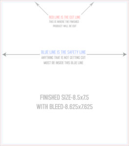 8.5x7 postcard template design with red cut line and blue safety line indicators, including dimensions for finished size and bleed specifications, relevant to Design One Printing's custom postcard services.