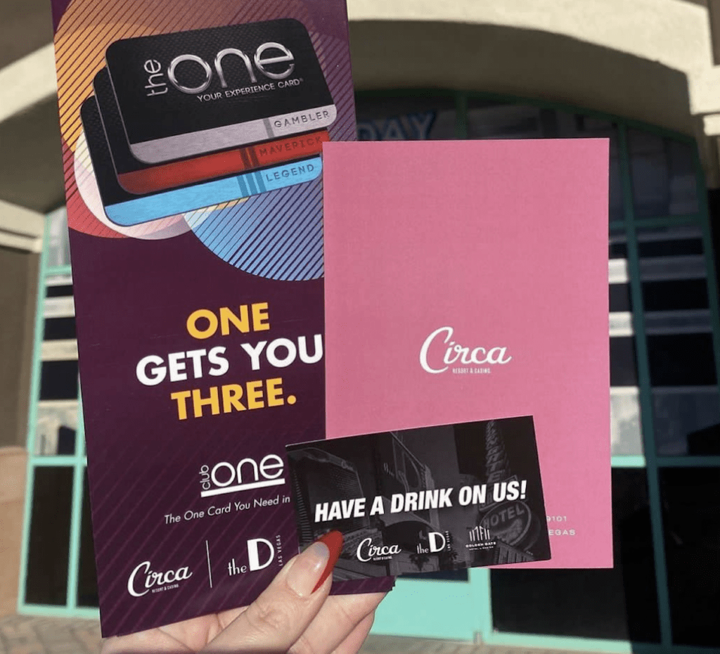 Business cards and promotional materials featuring "the one" experience card, highlighting benefits and offers at Circa Resort and Casino in Las Vegas.