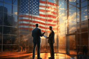 Two businessmen discussing in front of a large American flag in a modern setting, symbolizing patriotism and professionalism, relevant to flag printing services in Las Vegas.