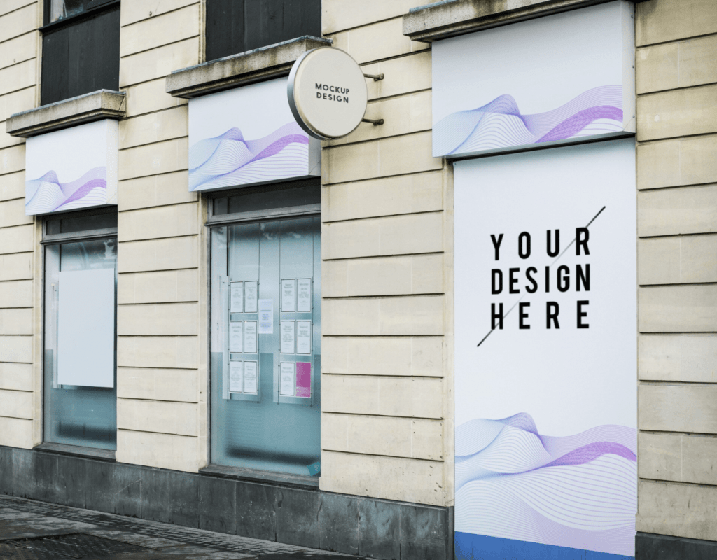 Window graphics showcasing customizable design space with flowing purple wave patterns, promoting visual impact for businesses.