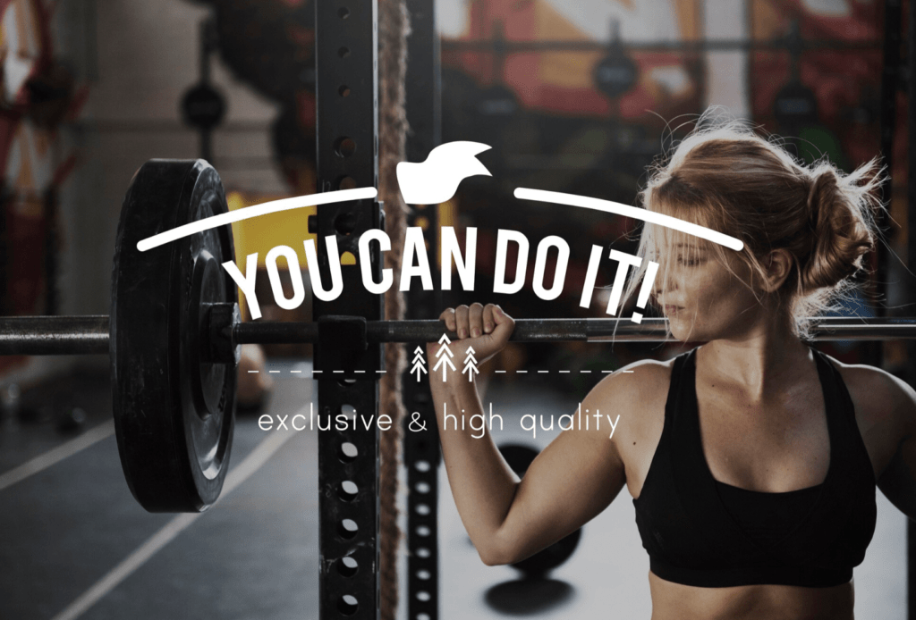 Woman lifting a barbell in a gym, motivational text overlay "YOU CAN DO IT!" and branding phrase "exclusive & high quality," emphasizing fitness and strength training.