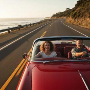Happy couple driving in a red convertible along a scenic coastal road, enjoying the sunny weather and ocean views.